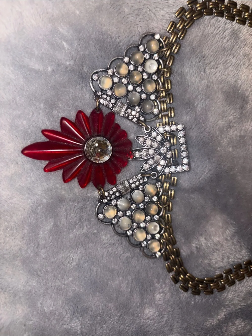 Olivia Welles Gold Tone Rhinestone Statement Necklace Red Flower Bib